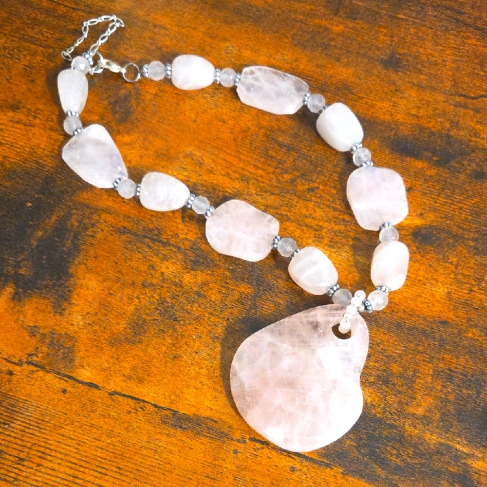 Solid Rose Quartz Beaded Necklace and Pendant